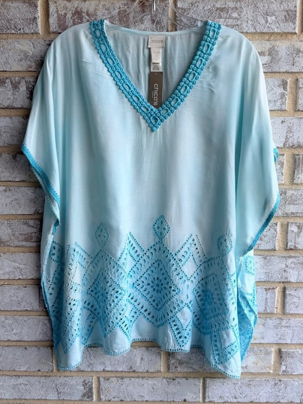 Chico's V-Neck Eyelet Embroidery Lace Loose Fit Blue Cover Up Tunic Size S/M